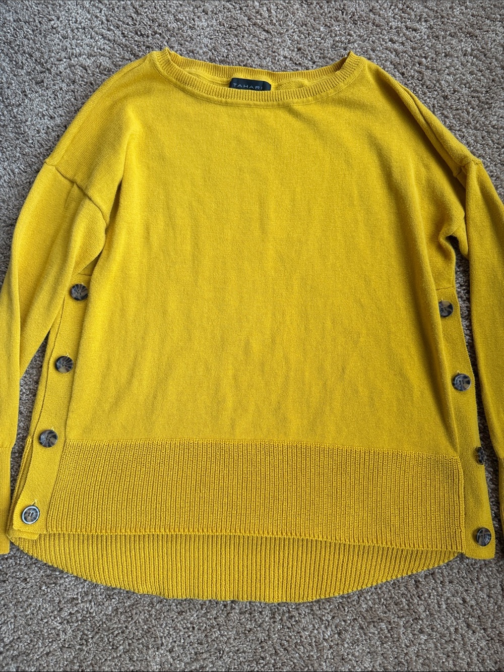 Tahari Bright Yellow Crewneck Sweater with Side Buttons Size M
